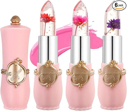 Juego de 6 lápices labiales de gelatina, brillo labial flores transparentes.
